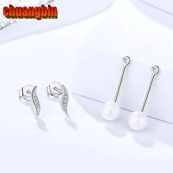 

Genuine S925 sterling silver zircon ladies leaf diamond earrings Studs Korean fashion long shell bead earrings silverware