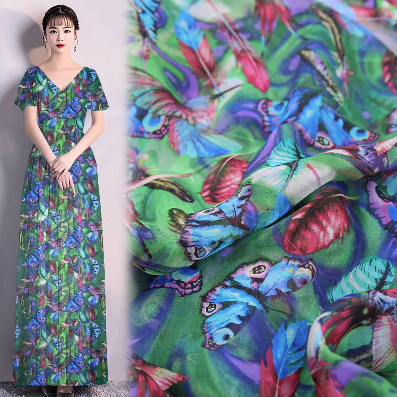 Animal design blue butterfly and bird print on green pure silk chiffon fabric SCF153 | Дом и сад