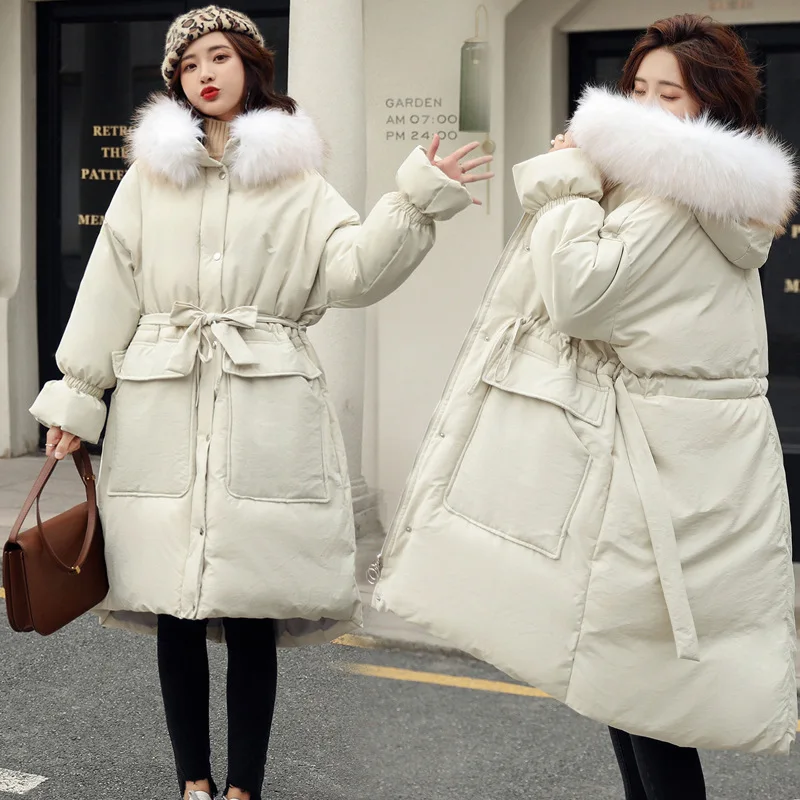 

Dongdaemun down Jacket Cotton-padded Clothes over-the-Knee Long Drawstring Waist Hugging Slimming Coat Large Size Dress Pregnant