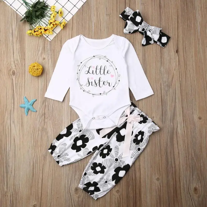 Baby Girls Clothes Set Long Sleeve Letter Print Hot Selling Spring Autumn Cotton Comfortable Romper Floral Pants Headband