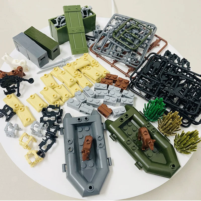 

MOC Military Weapon Gun Boat WW2 Accessories Kits Building Blocks SWAT Police Weapon Box Sandbag Parts DIY Bricks Toys For Kids