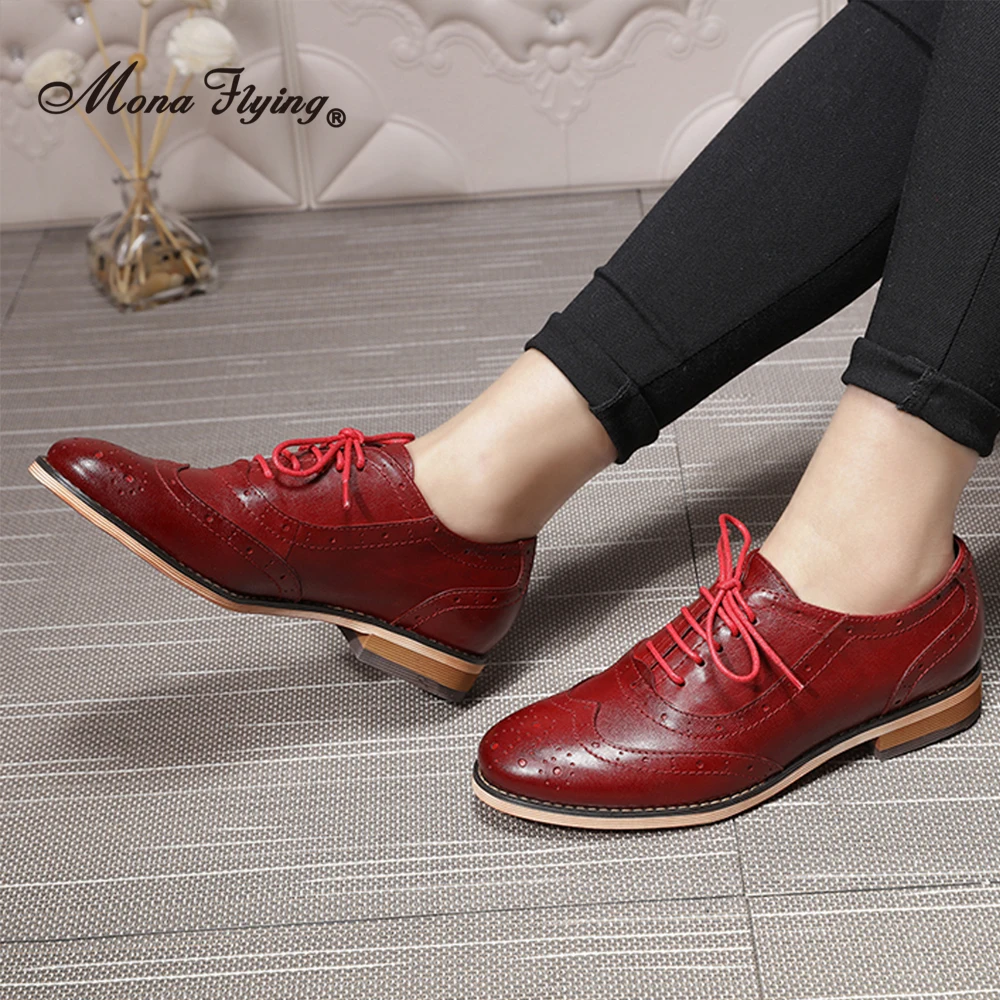 Mona Flying Women Genuine Leather Wingtips Oxfords Brogues Handmade Comfort Perforated Flats Lace-up Shoes for Ladies A068-1
