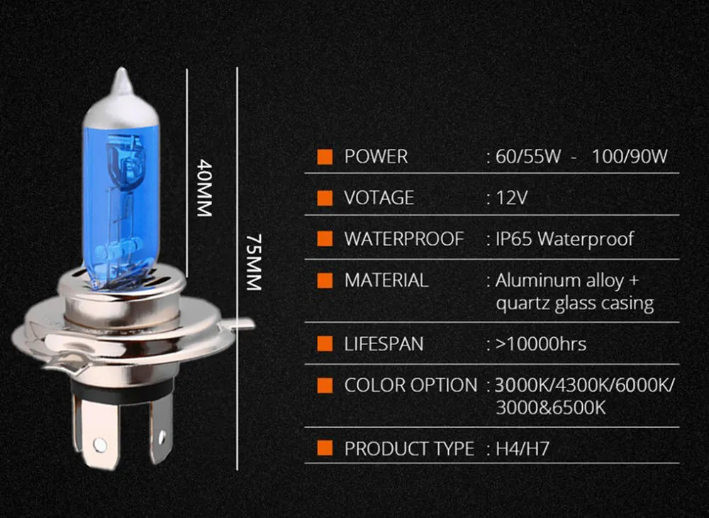 High Wattage 7500K 9003 H4 2 Bulbs GP Thunder GP75-H4 Super White 12V 75W/70W Hi/Lo Halogen Xenon Bulb with Quartz Glass 