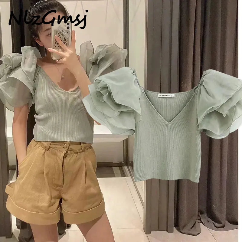 

2020 ins fashion blogger high street gauze splcing knitted sexy short za sweaters women pull femme pullovers crop tops