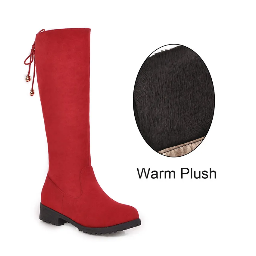 Red Warm Plush Зимние женские сапоги до колена из плюша; цвет черный, красный, розовый; растягивающиеся сапоги из флока на квадратном каблуке; повседневные офисные женские сапоги на молнии; высокие сапоги на платформе - Цвет: Red Warm Plush