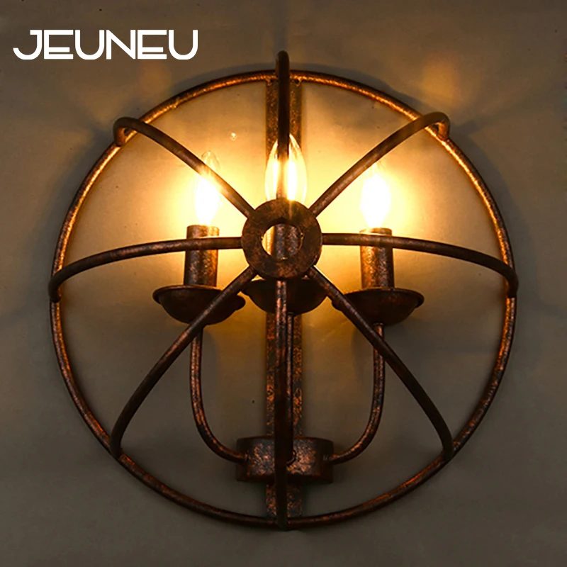Loft Retro Industrial Wall Lamps E14 LED Round Style Black Iron Rust 3 Lights Sconce for Living Room Bedroom Bar | Лампы и освещение