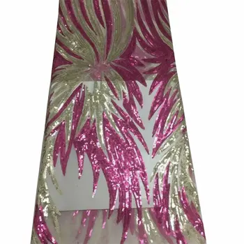 

2019 Gold Sequined Indian Lace Fabric Pink Nigeria Mesh Voile Net Tulle Guipure Lace African Women Evening Dress Sequins Fabric