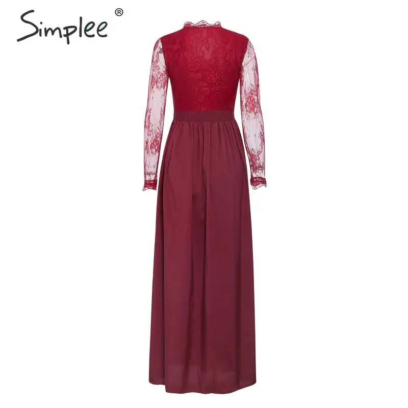 Simplee Sexy v-neck women party dress Embroidered floral hollow out lace maxi dress Elegant lady chic autumn evening long dress