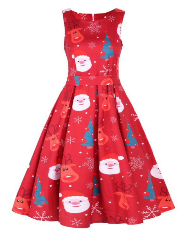 Lossky Dress Christmas Print Women Sleeveless Black Vintage Party Dresses Plus Size Ladies Dinner Clothes Vestidos Festa