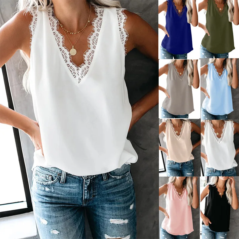 Sexy Chaleco con cuello en V de encaje blanco y negro camisa de 2020 las nuevas mujeres blusas sin mangas Casual playa verano Tops de talla grande 3XL