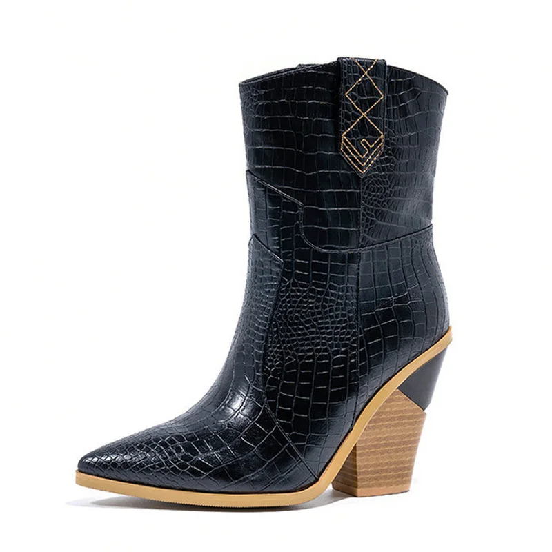 

Chunky Wedge Boots Women Ankle Boots Heel Western Cowboy Boots Female Winter Shoes Women Pointed Leather White Boot Plus Size 43