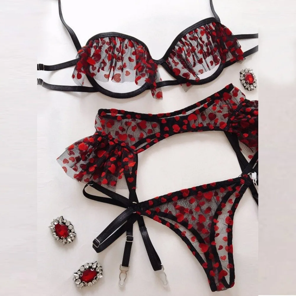 Sexy bikini three-piece lace sexy lingerie set of three bras + panties + garter wine red sexy bikini free shipping 40A1 (8)