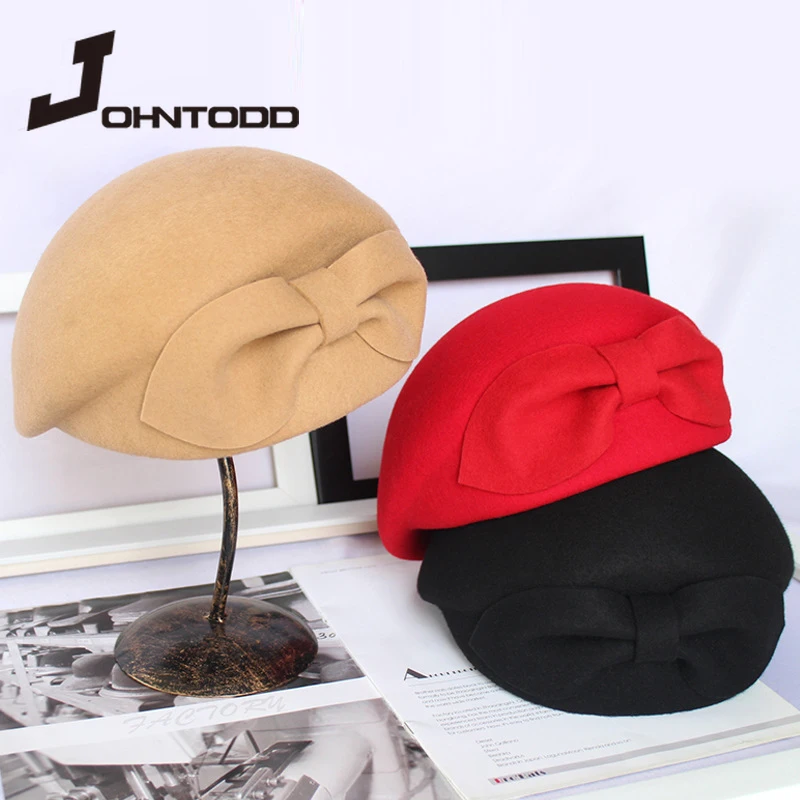 

Winter 100% wool felt French beret female fashion designer Boina bow hat vintage black Fedora Gorras elegant stewardess hat cap