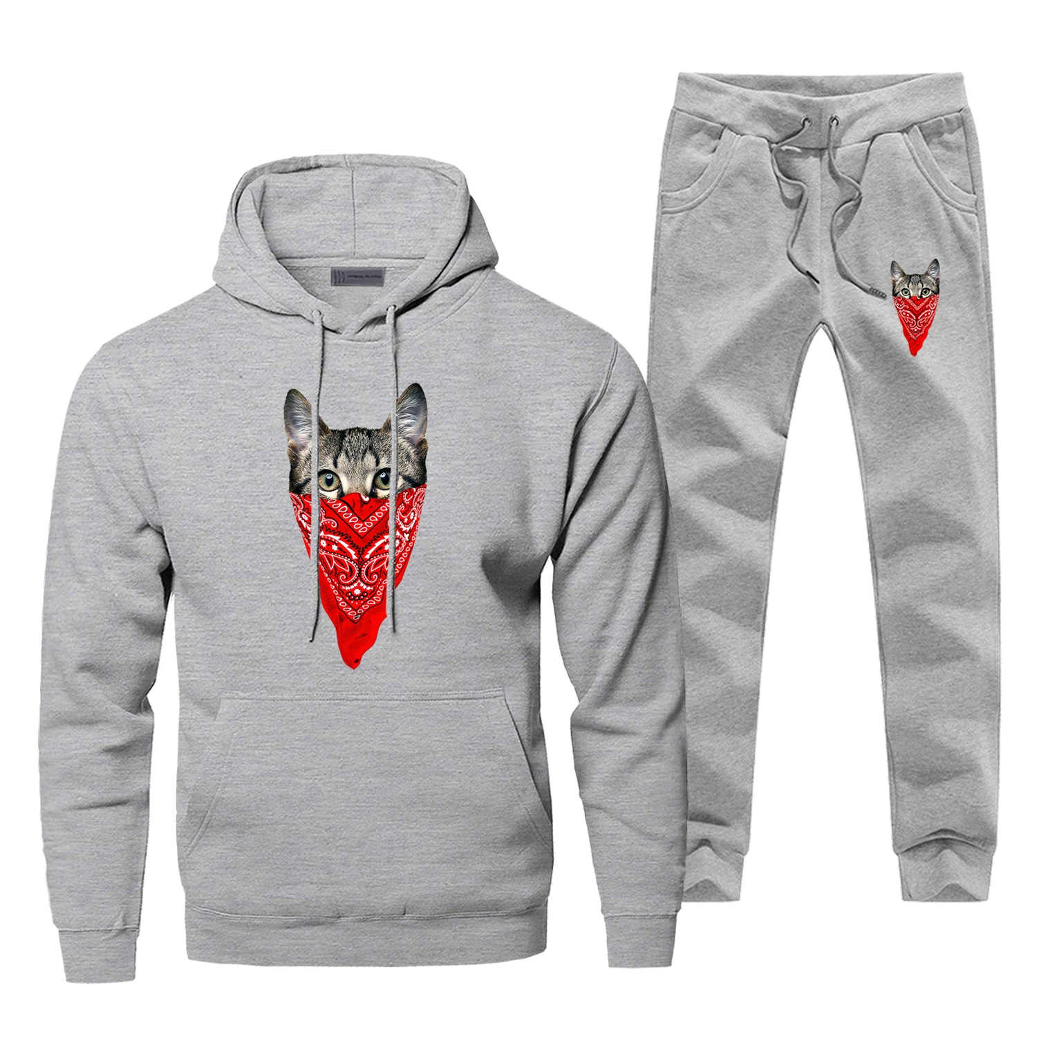 Gray Милые толстовки с капюшоном с принтом в виде маски для кошек, Модный повседневный мужской спортивный костюм с кошкой и животными - Цвет: Gray