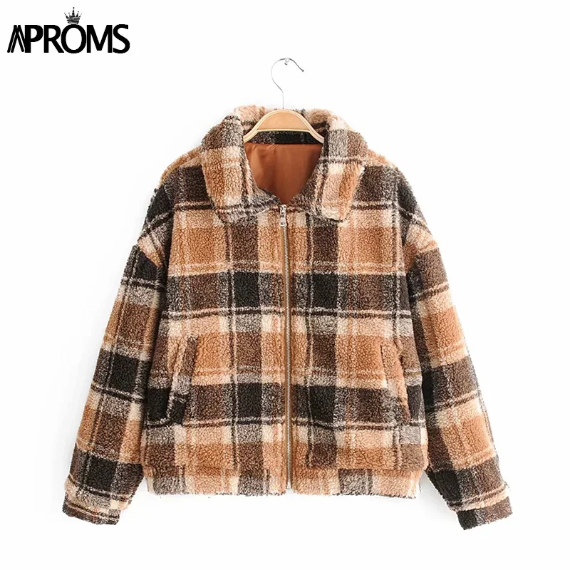 discount Aproms Vintage Brown Plaid Trucker Jacket Women Winter Warm Teddy Basic Cropped Coat Female Autumn