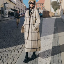 V образным вырезом офисные женские теплые длинные пальто элегантный плед для женщин твидовое пальто Пуговицы Карманы Осень Зима женски