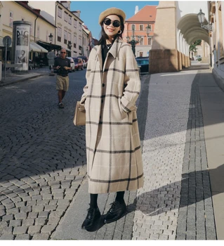 

V neck office ladies warm long overcoats Elegant plaid women tweed coat Buttons pockets autumn winter female blend coats