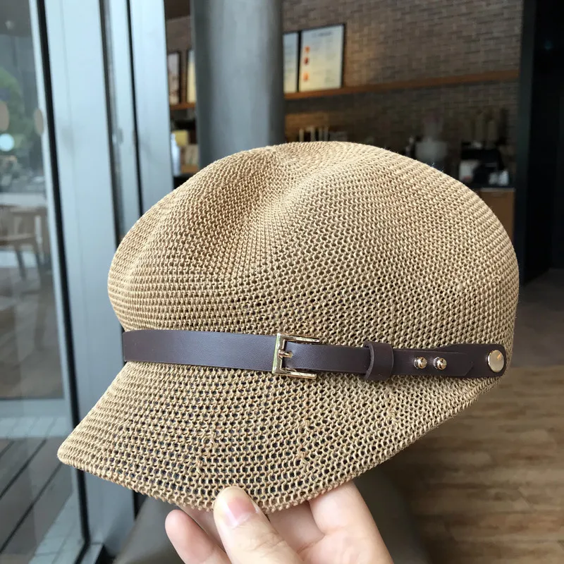 Octagonal Cap Straw Women Summer Thin Newsboy Cap Painter Adjustable Rope Knitted Beret Mesh Breathable Beach Straw Hat