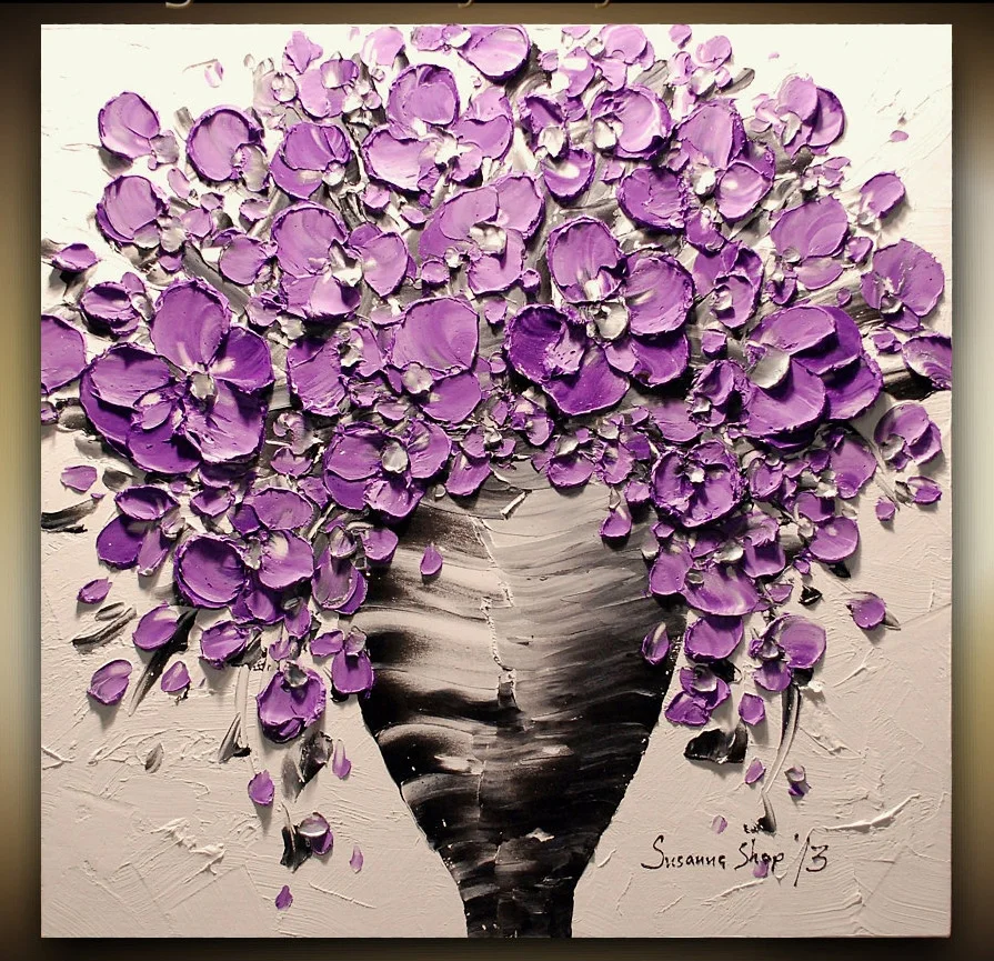 

Palette Knife Purple Flower Painting Knife Oil Canvas Bouquet In Vase Handmade Modern Canvas Wall Art Wall Designer Vinicor Art