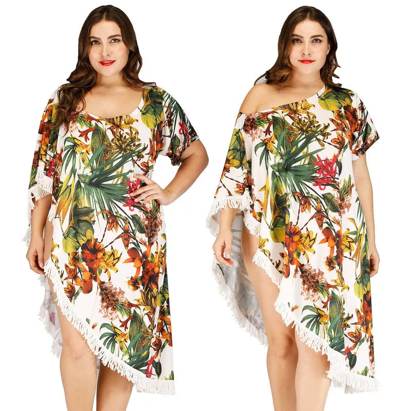 

Beach Dress Tunic Saida De Praia Bikini Pareo For The Wear Summer Woman Women Off Shoulder Plant Print Fringe Patchwork Spandex