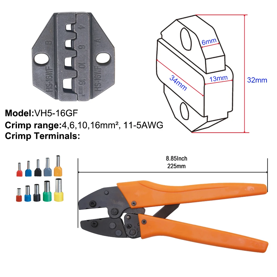 Обжимной инструмент 225 мм трещотка провода щипцы и сменные штампы для термоусадочных разъемов неизолированные наконечники - Цвет: 16GF