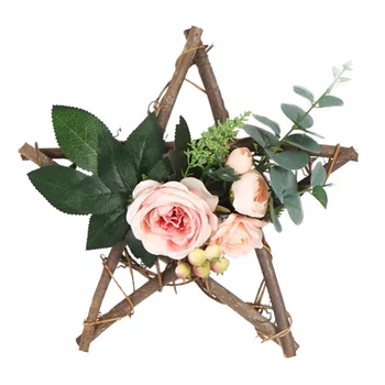 

Faux Floral Hanging Wreath Star-Shaped Wooden Frame Artificial Flowers Garland Pendant Wall Window Wedding Parties Home Decor