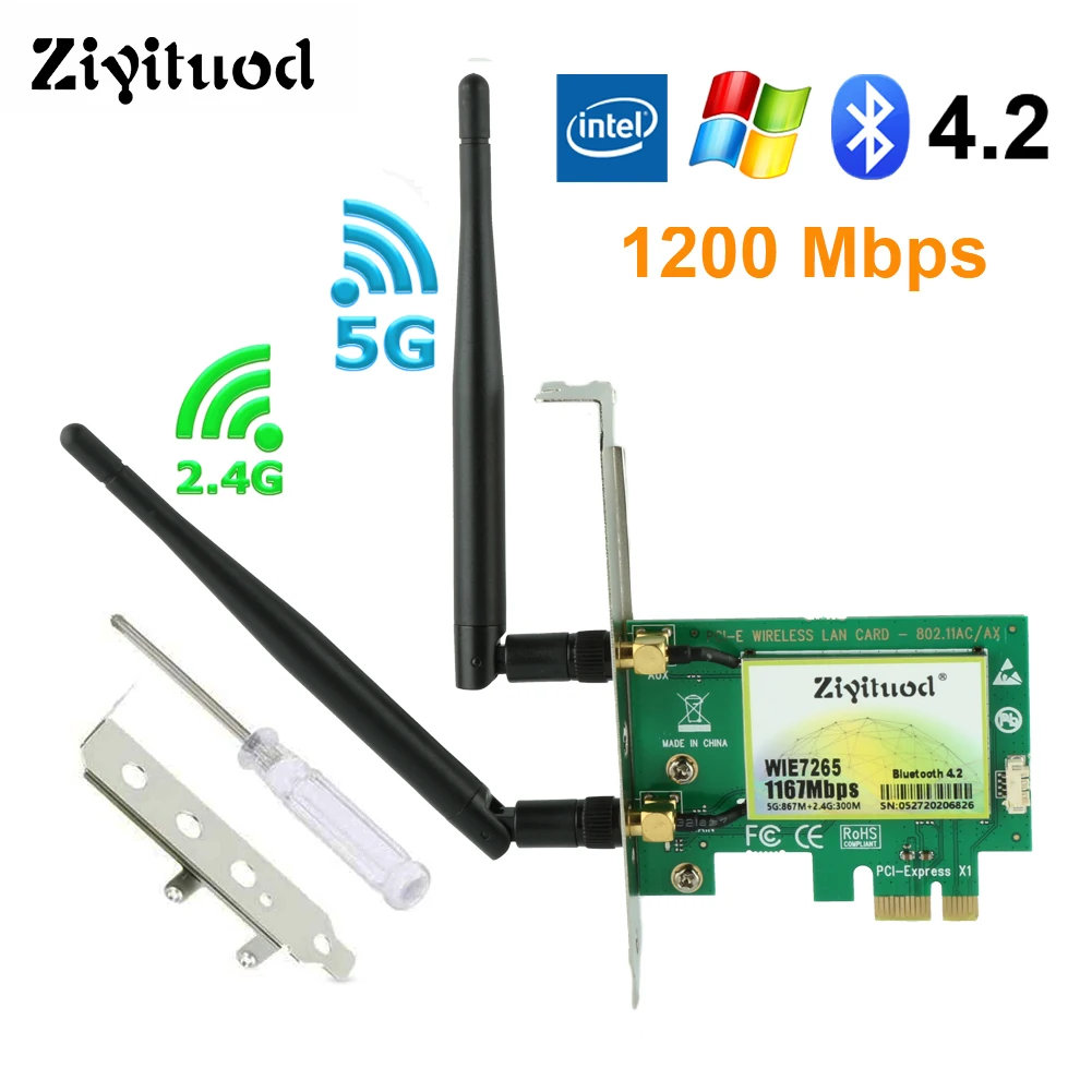 

7265 Wireless WiFi Adapter AC 1200Mbps 5GHz/2.4GHz Network Card Dual Band Bluetooth 4.2 PCI Express X1 to X16 Win7/8/10 Ethernet