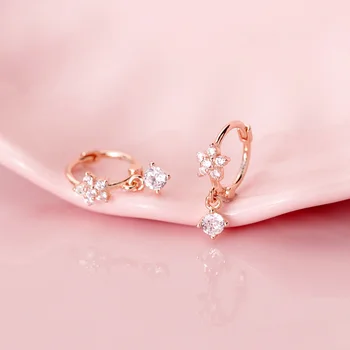 

925 Sterling Silver Hoop Earrings for Women, Floral Earings with Zircon Pendants, Sweet Rose Gold Ear Buckles, Fashion Jewelry