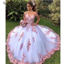  Verngo 2021 Off the Shoulder Blush Pink Lace Applique Ball Gown Wedding Dresses White Tulle Princess Bride Gowns Garden Country 