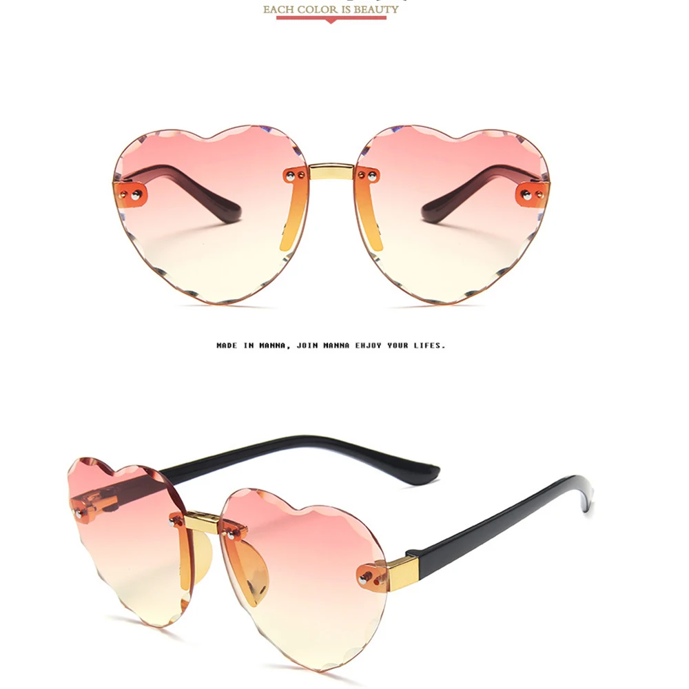 1PC Girls Cute Heart Rimless Frame Sunglasses Children Kids Gray Pink Red Lens Fashion Boys Girls UV400 Protection Eyewear New