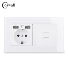 COSWALL Россия Испания стандарт ЕС розетка 2 USB порт зарядки со скрытым мягким светодиодный+ CAT5E RJ45 Интернет Джек стеклянная рамка