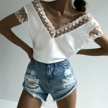 

Sexy Women Blouse Ladies Summer V Neck Hollow Lace Shirt Loose Casual Blouse Tops Shirt Sleeveless Blouses Ladies Clothes Shirts