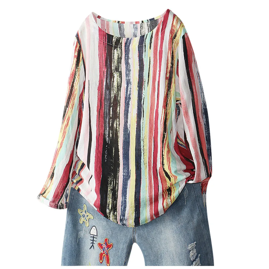 Женская винтажная блузка размера плюс, новинка, модная цветная полосатая хлопковая одежда, повседневная Свободная блузка с длинным рукавом