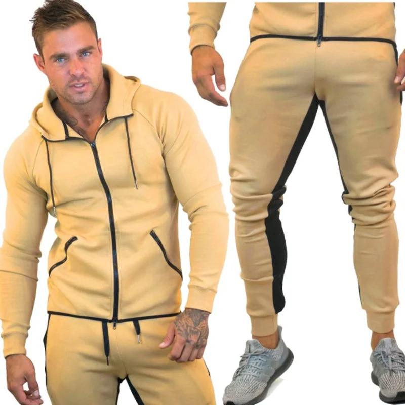 khaki Осенняя и зимняя Мужская Фитнес-костюмы, модные повседневные Длинные рукава толстовк на молнии с капюшоном+, из кусков, с маленькой leg спортивные штаны - Цвет: khaki