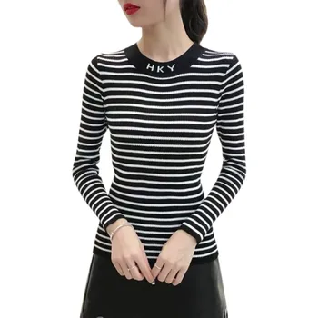 

Women Autumn Winter Stripes Print Slim Long-Sleeved Round Collar Slim Bottom Knit Sweater