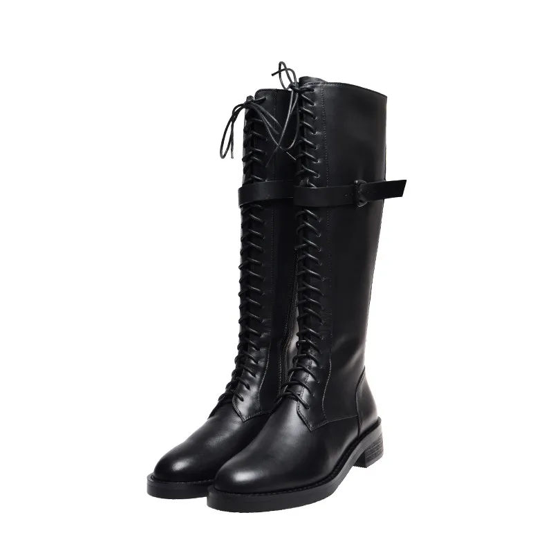 MORAZORA Newest knee high boots women genuine leather shoes round toe lace up zip punk Motorcycle Boots fashion shoes woman