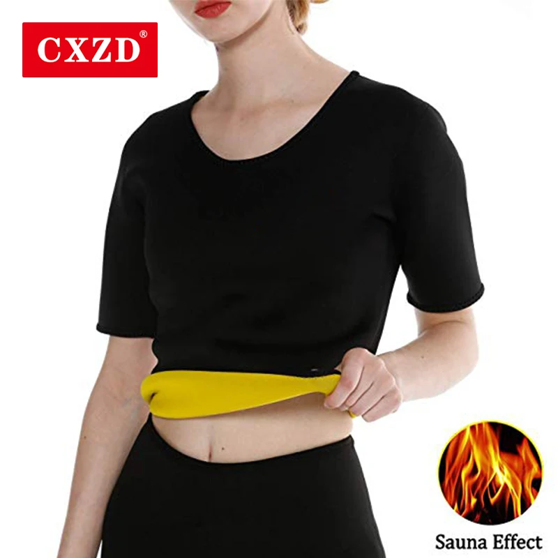 CXZD Женская термо стройная универсальная черная рубашка-корсет для пота больше сжигания жира и похудения с короткими рукавами