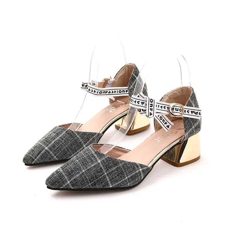 

2019 Spring New Style Hipster Plaid GIRL'S Pointed-Toe High Heel Shoes Chunky-Heel Sping Sandal Women's
