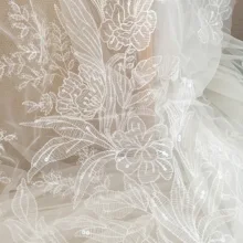 

1 Yard Clear Sequin Off White Alencon Leaf Lace Fabric for Wedding Gown Couture Dress Tulle Embroidery Lace Fabric by Yard