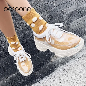 

BESCONE New Fashionable Women Sneakers High Quality Stylish Transparent Design Lace-Up Anti-Slippery Shoes Casual Sneakers BO471