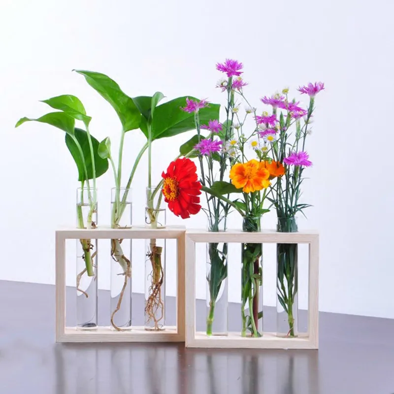 

Wall Hanging Crystal Glass Test Tube Vase In Wooden Stand for Flowers Plants Home Garden Cafe Bar Desktop Decoration Flower Pot