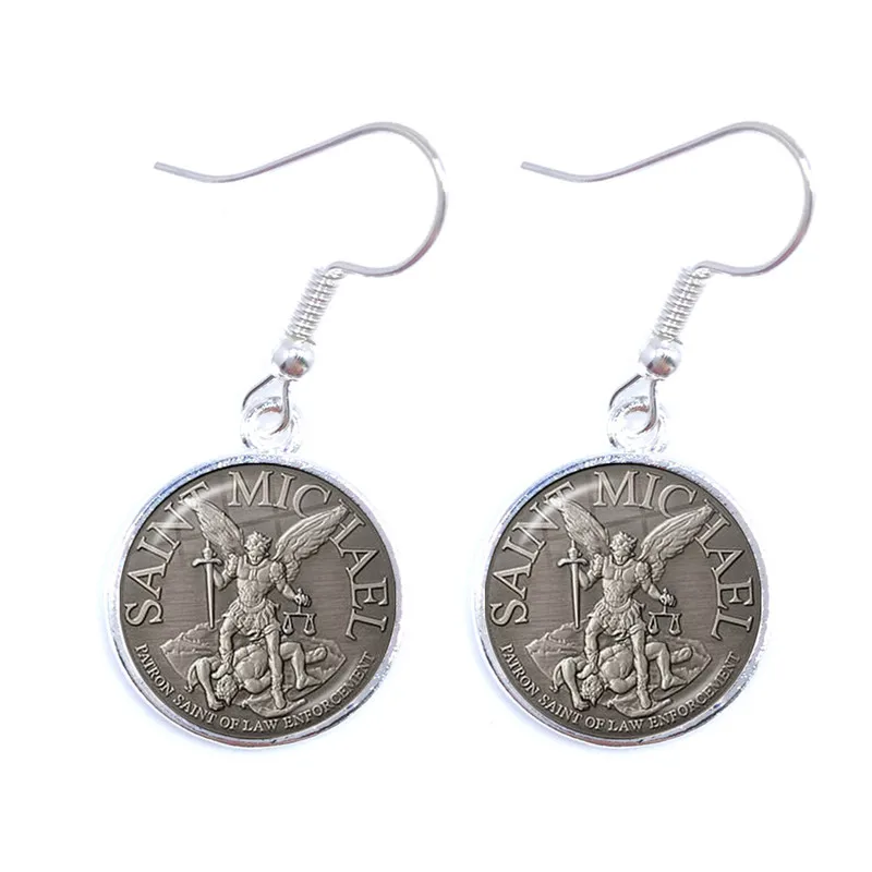 Glass Cabochon Earrings Archangel St.Michael Protect Me Saint Shield Protection Charm Russian Orhodox Drop Jewelry For Women | Украшения и