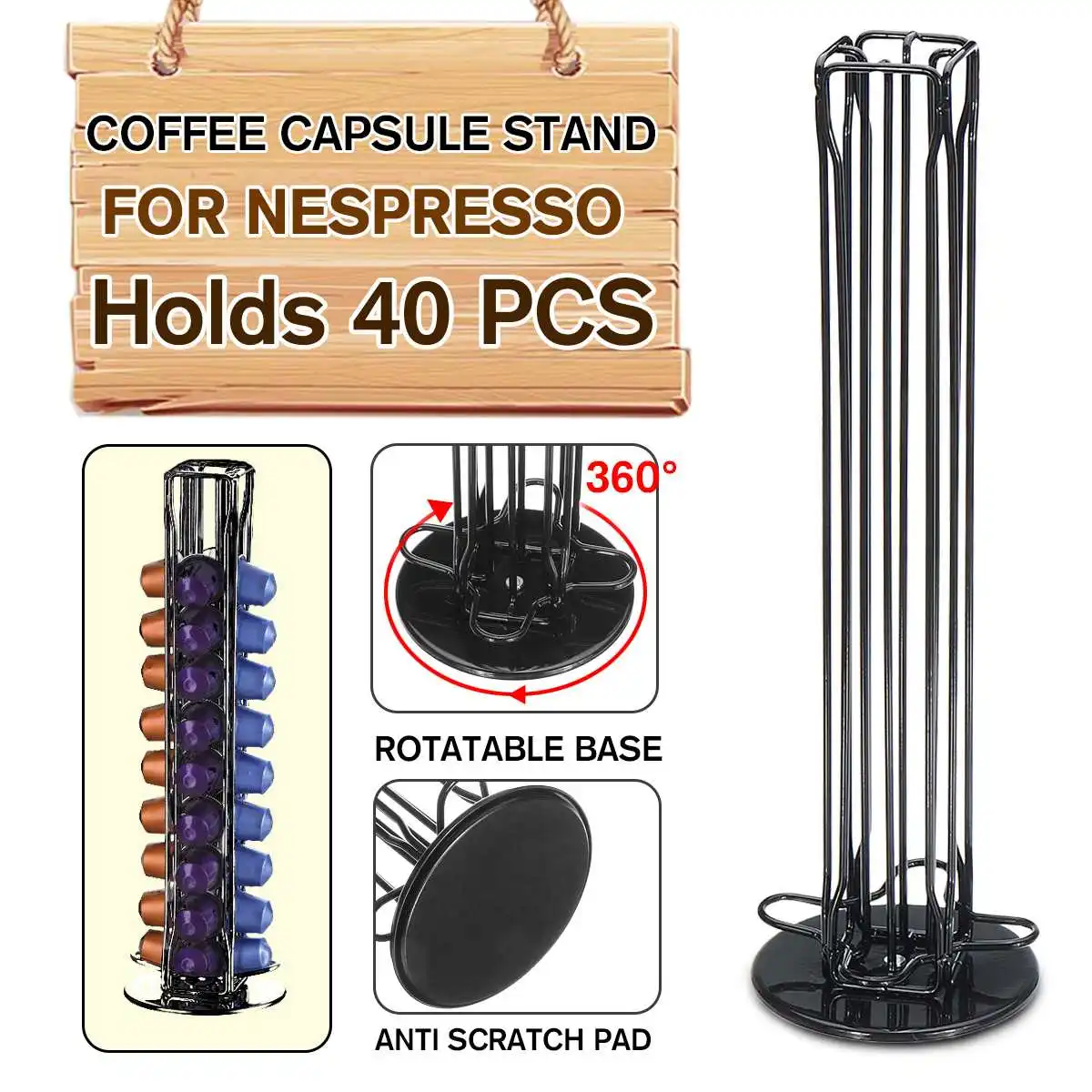Rotating 40Pcs Nespresso Coffee Capsule Pod Holder Stand Dispenser Storage Rack