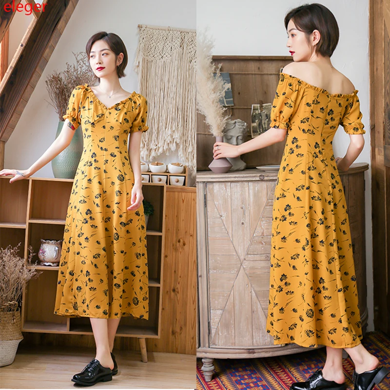 

Floral Print Long Yellow Women Dress Summer Vintage Elegant Bohemian Party Vacation Beach Dress Tropical Runway Japanese Korean