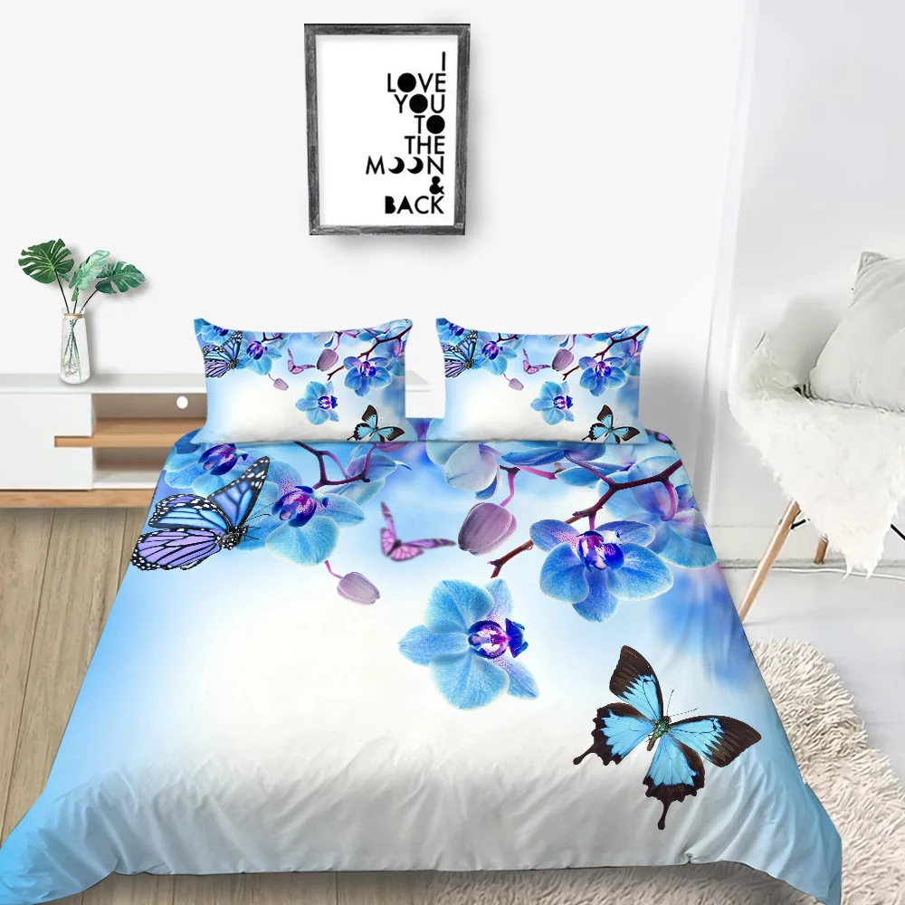 

King Size Bedding Set Blue Butterfly Beautiful Elegant 3D Duvet Cover Flowers Queen Twin Full Single Double High End Bed Set
