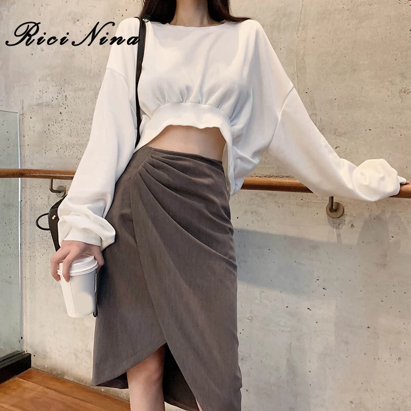 

RICININA Women Skirt Midi Autumn High Waist Elastic Asymmetrical Solid Long Skirts For Women Maxi Jupe Femme Casual Skirts Mujer