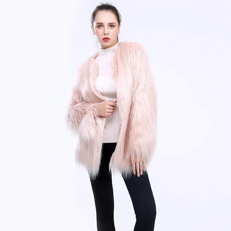 Pink Женское пальто из искусственного меха, длинное пальто из овечьей шерсти, зимняя теплая верхняя одежда с длинным рукавом, пальто для женщин, большие размеры, куртка из искусственного меха - Цвет: Pink