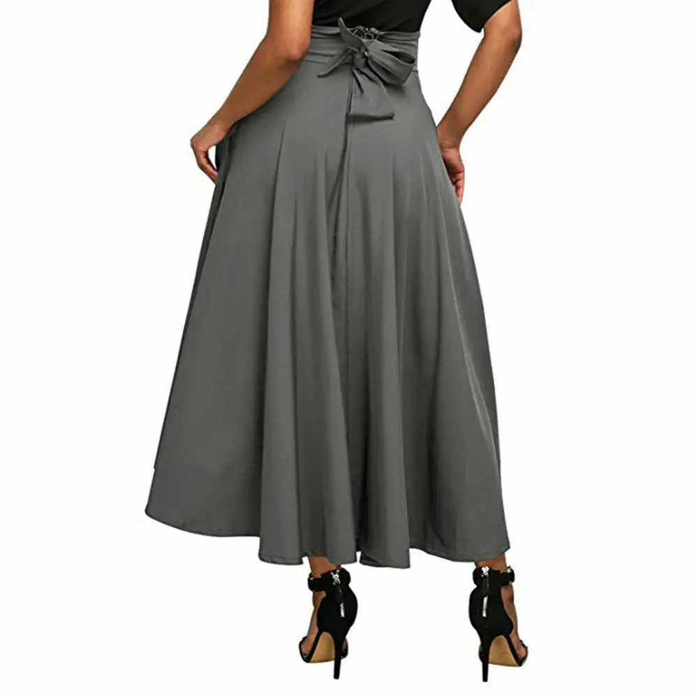 Женская модная новинка, высокая талия, гофрированные длинные юбки, Женская винтажная расклешенная длинная юбка, свинг, атласная юбка - Цвет: Серый