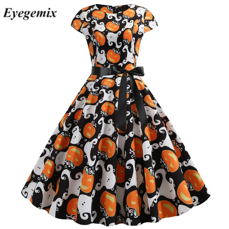 

Pumpkin Halloween Dress Women 2019 Summer O Neck Short Sleeve Party Dress Robe Femme Elegant Vintage Office Dresses Plus Size