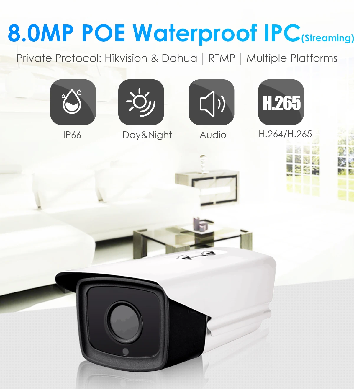 4K 8.0MP ИК PoE водонепроницаемый/всепогодный IP66 прямая потоковая ip-камера нажмите видео поток на YouTube/Wowza по RTMP W/аудио